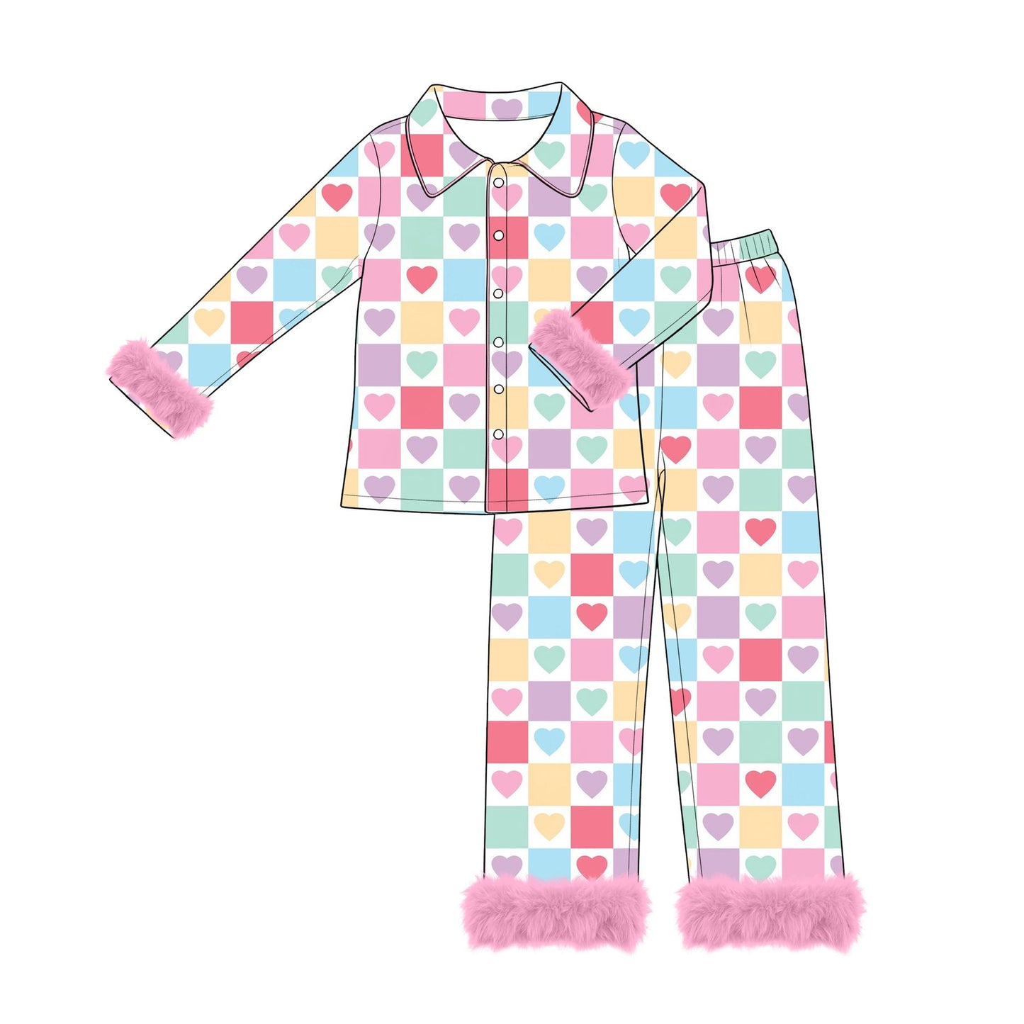 ( Moq 5 ) Preorder Adult Women Valentine Hearts Checked Buttons Shirt Fur Pants Pajamas Set