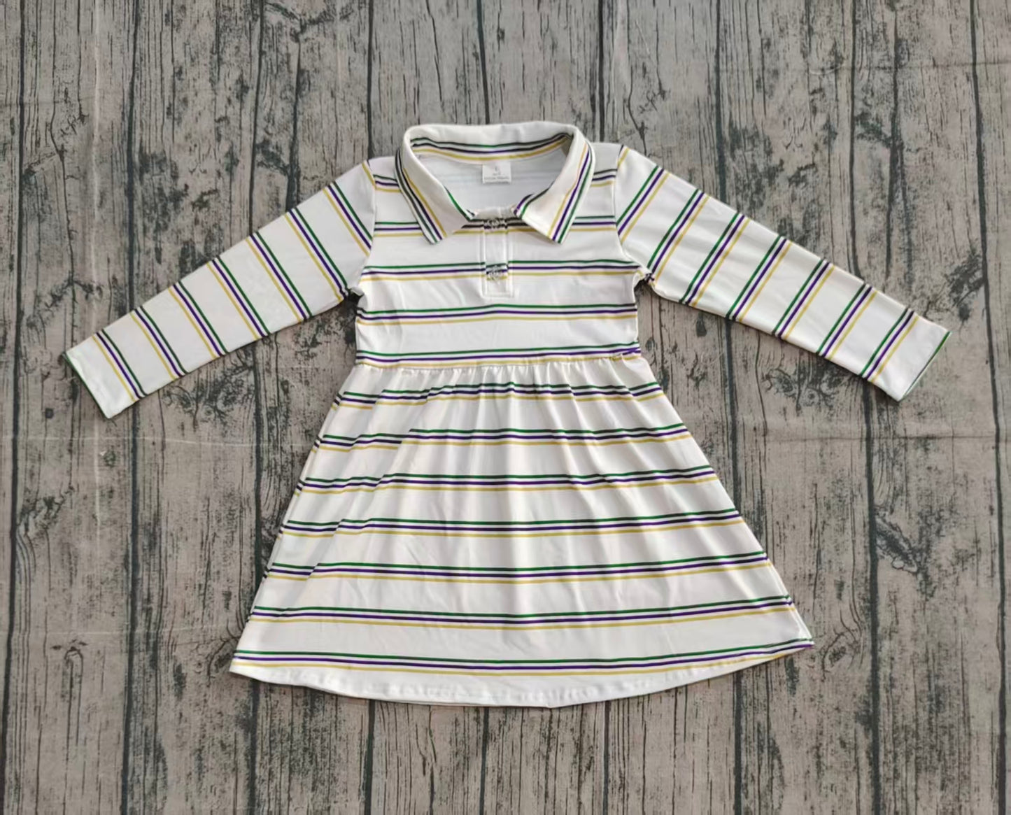 Girls Kids Long Sleeves Stripes Mardi Gras Knee Length Dress RTS