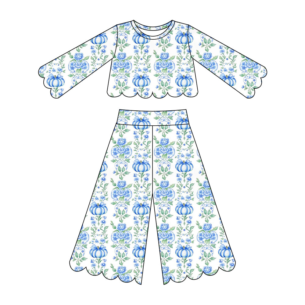 ( Moq 5 ) Preorder Baby Girls Kids Blue Pumpkins Bows Flower Shirt Scallop Pants Set Fall Clothes