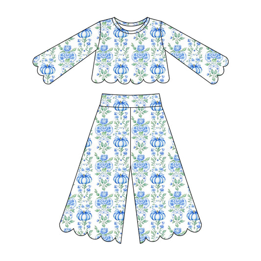 ( Moq 5 ) Preorder Baby Girls Kids Blue Pumpkins Bows Flower Shirt Scallop Pants Set Fall Clothes