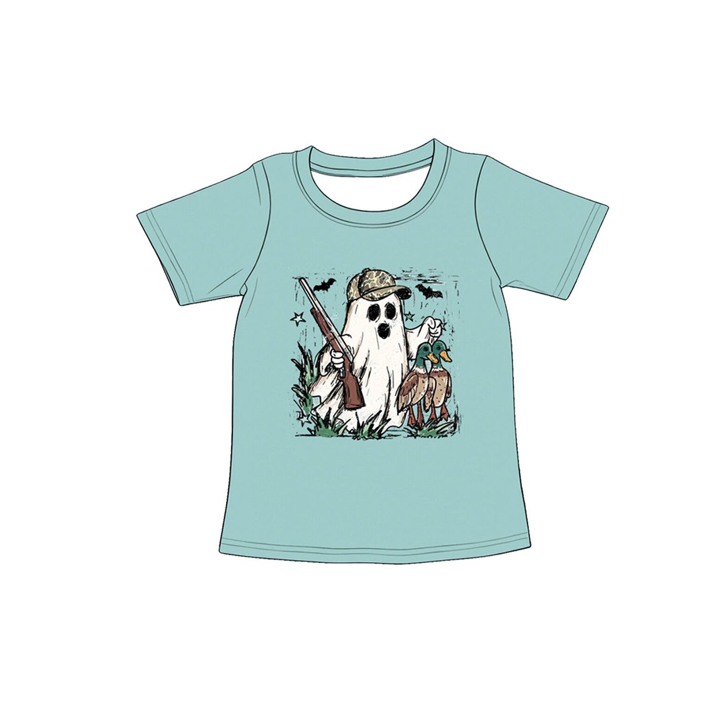 ( Moq 5 ) Preorder Baby Boys Kids Short Sleeves Ghost Ducks Halloween Green Shirt Hunting Clothes