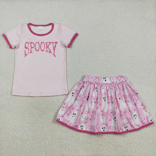 Baby Girl Short Sleeves Spooky Shirt Ghost Bows Hearts Skorts Halloween Pink Set RTS