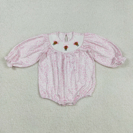 Baby Girl Long Sleeves Thanksgiving Embroidery turkey Pink Floral Smocked Bubble Romper RTS