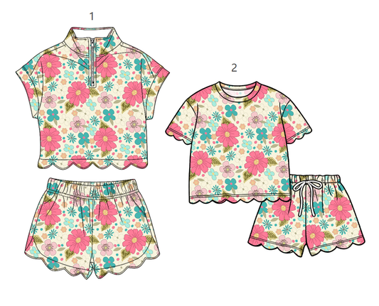 ( Moq 30 Each Style ) Sibling Baby Girls Kids Flower Short Sleeves Tops Scallop Shorts Sets Clothes