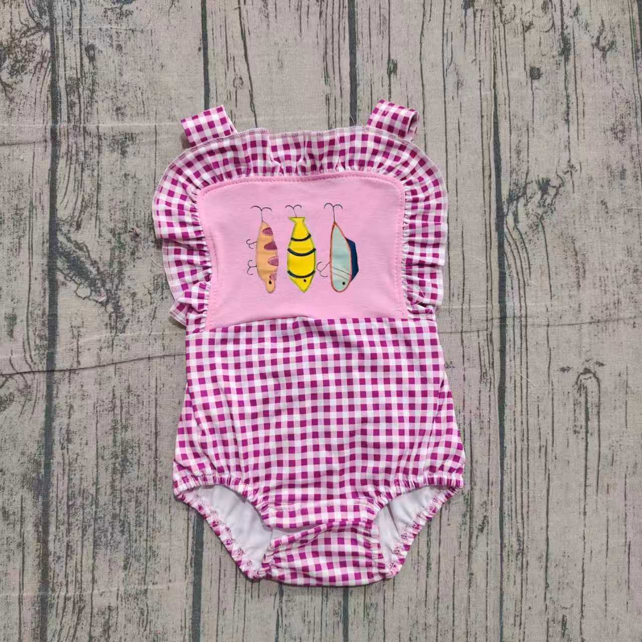( No moq ) Preorder Baby Girls Straps Fishing Plaid Ruffle Bubble Romper