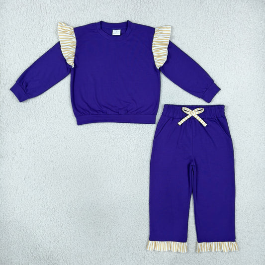 Baby Girls Kids Long Sleeves Ruffle Tops Pockets Pants Cotton Set Purple Clothes RTS