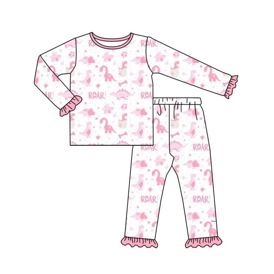 ( Moq 5 ) Preorder Baby Girls Kids Long Sleeves Dinosaurs Shirt Pants Pink Set Pajamas Clothes