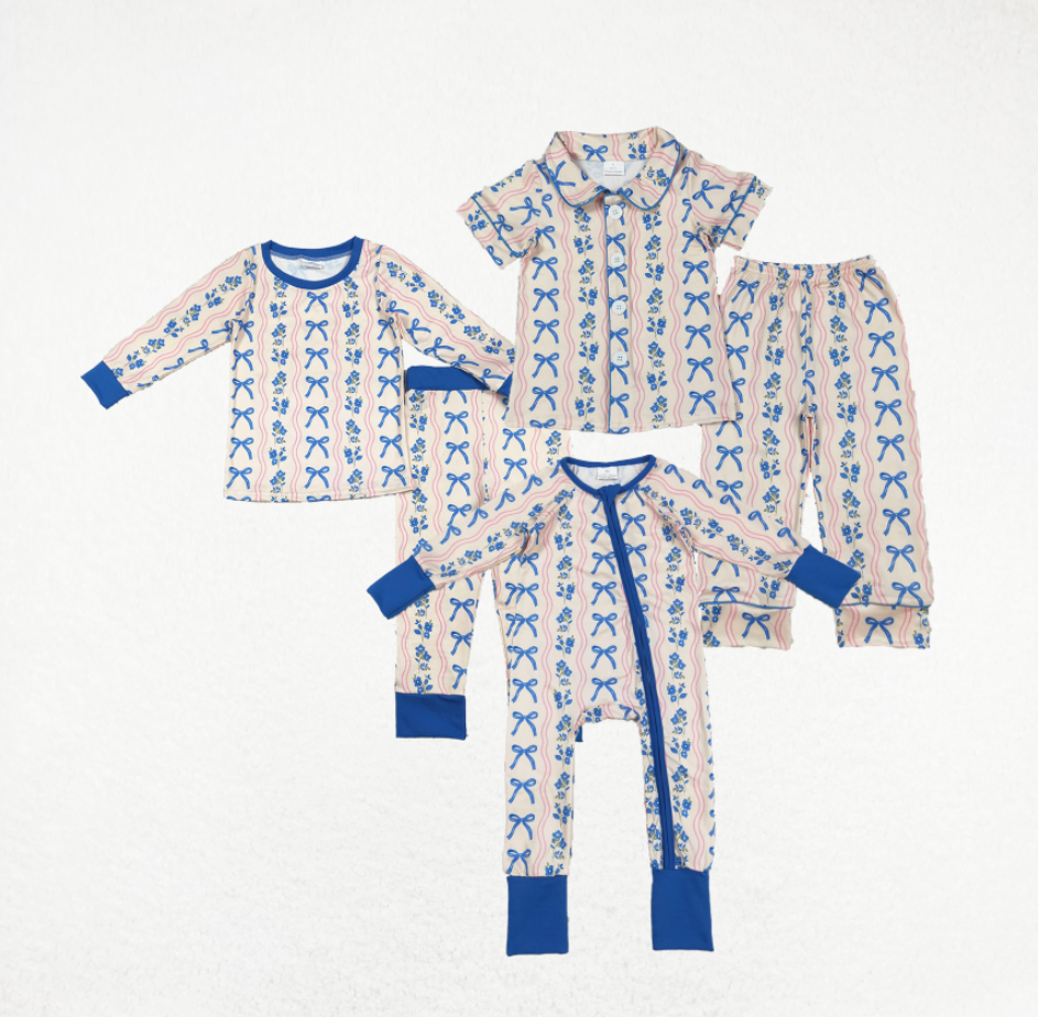 Baby Girl Toddler Blue Bows Flower Sibling Romper Pajamas Set Clothes RTS