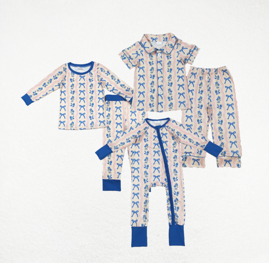 Baby Girl Toddler Blue Bows Flower Sibling Romper Pajamas Set Clothes RTS