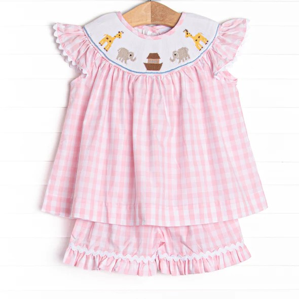 Pre-order GSSO0795 Baby Girls Giraffe Elephant Pink Checkered Tunic Top Ruffle Shorts Outfit Set