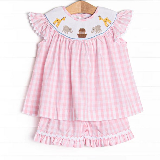 Pre-order GSSO0795 Baby Girls Giraffe Elephant Pink Checkered Tunic Top Ruffle Shorts Outfit Set