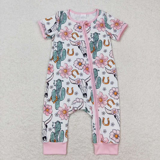 Baby Girl Short Sleeves Cow Cactus Floral Zipper Pink One Piece Romper