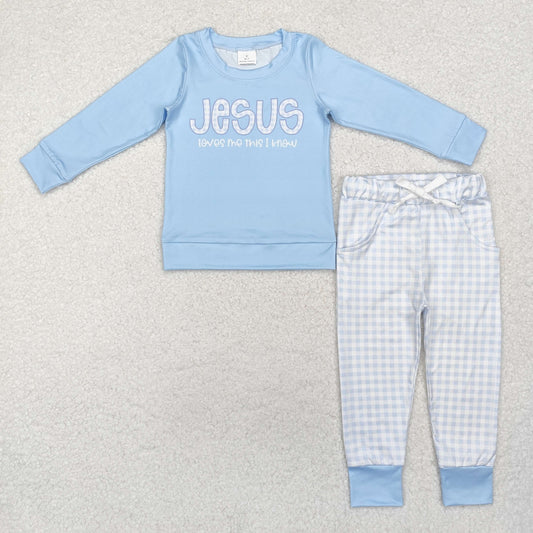 Baby Boy Long Sleeves Blue Jesus Print Shirt Checkered Pants Set