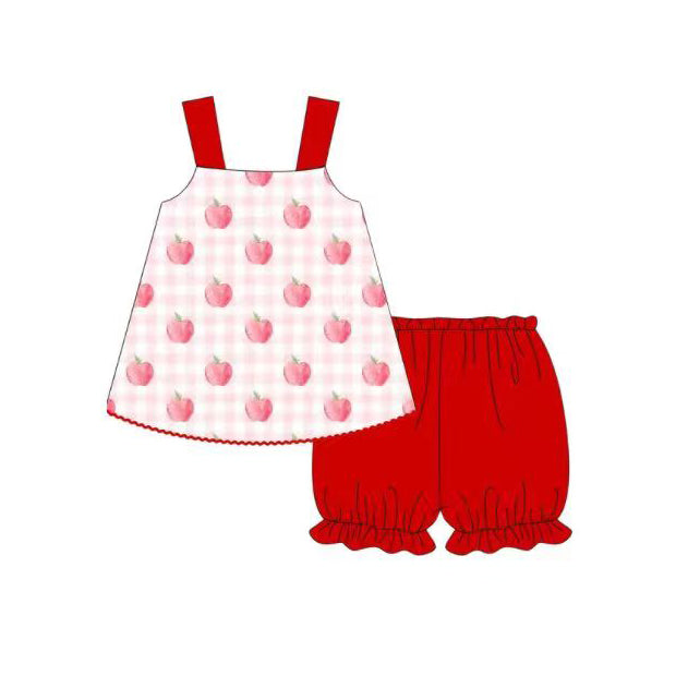 ( Moq 5 )  Preorder Baby Girls Kids Straps Apple Plaid Tops Red Shorts Set Summer Clothes