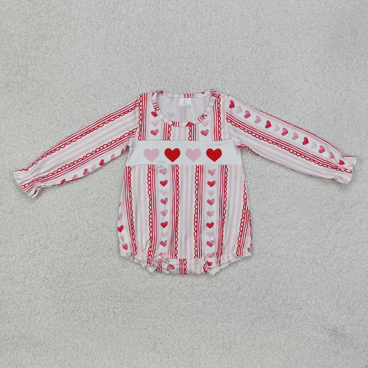 Baby Girl Infant Long Sleeves Valentines Hearts Stripes Bubble Romper