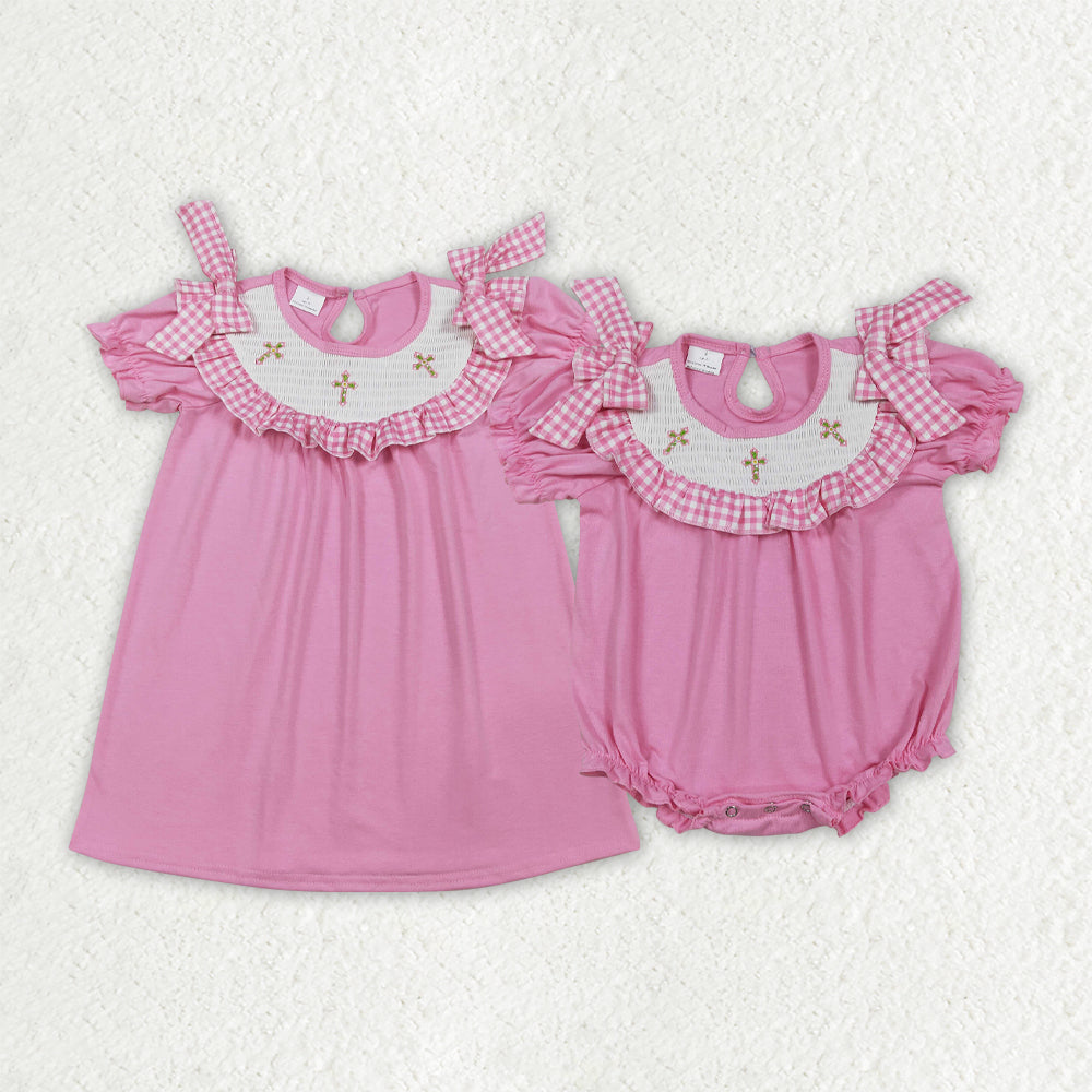 Sibling Baby Girls Short Sleeves Embroidery Smocked Floral Crosses Easter Pink Romper Dress RTS