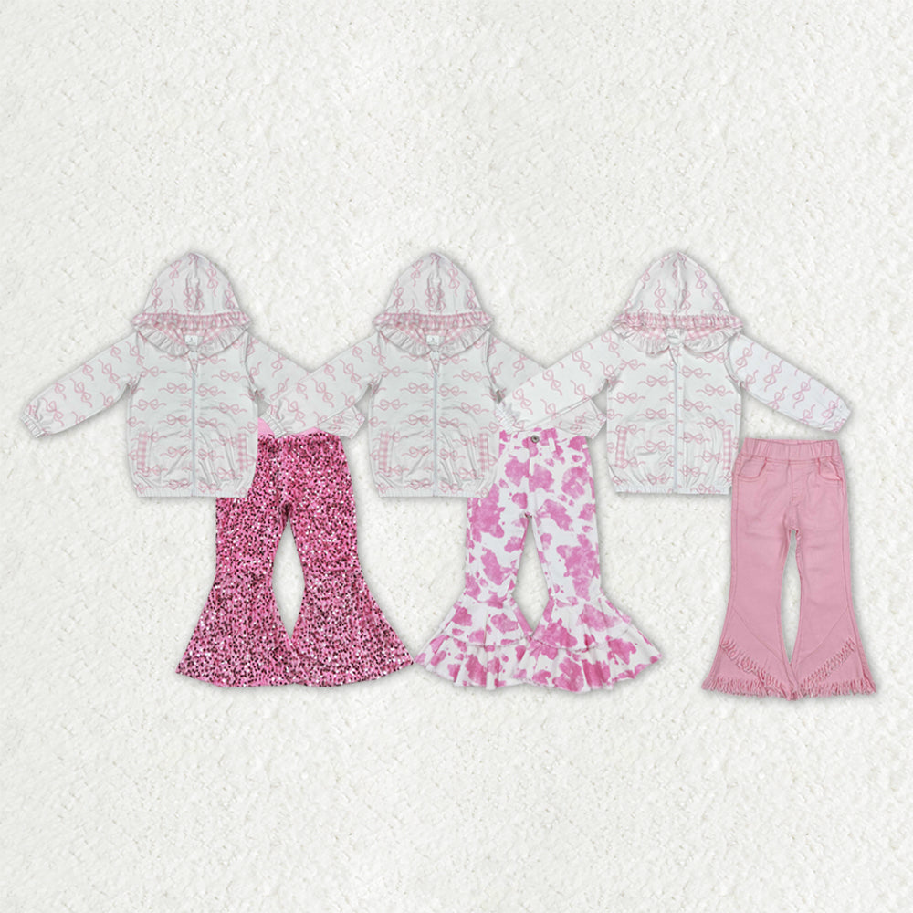 Sibling Baby Girls Kids Long Sleeves Bows Zipper Hoodie Jackets Pants Sets Clothes RTS