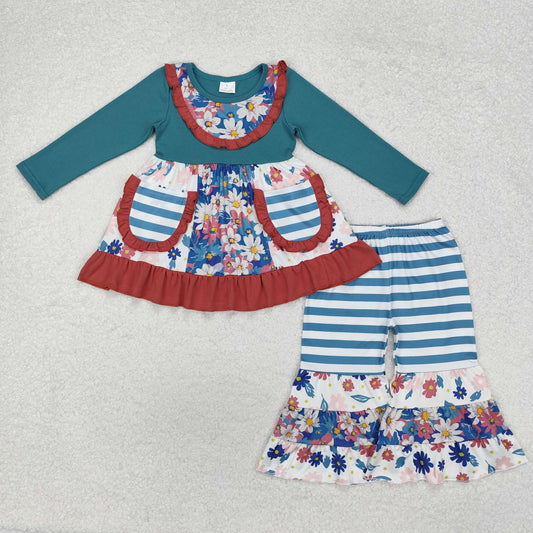 Baby Girl Long Sleeves Flower Pocket Tunic Stripes Bell Pants Set