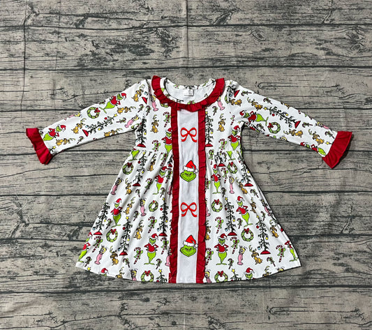( No moq ) Preorder Girls Kids Embroidery Green Face Bows Christmas Knee Length Dress