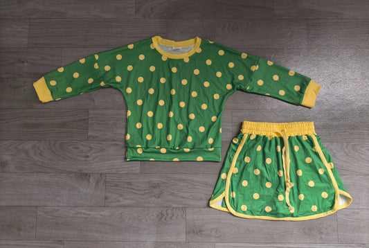 ( No moq ) Preorder Baby Girls Kids Long Sleeves Dots Shirt Skirt Shorts Green Set Clothes