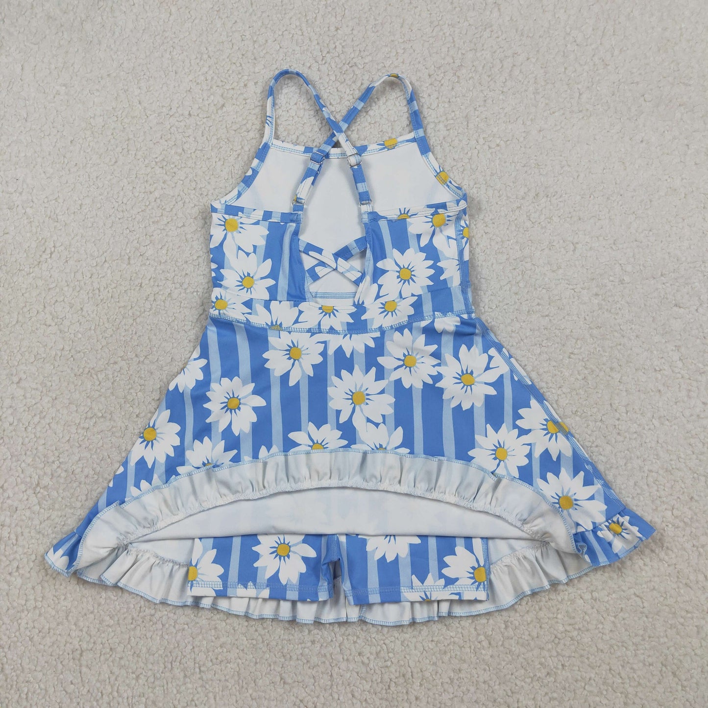 Baby Girls Kids Sleeveless Flower Blue Stripes Yoga Knee Length Yoga Dress RTS