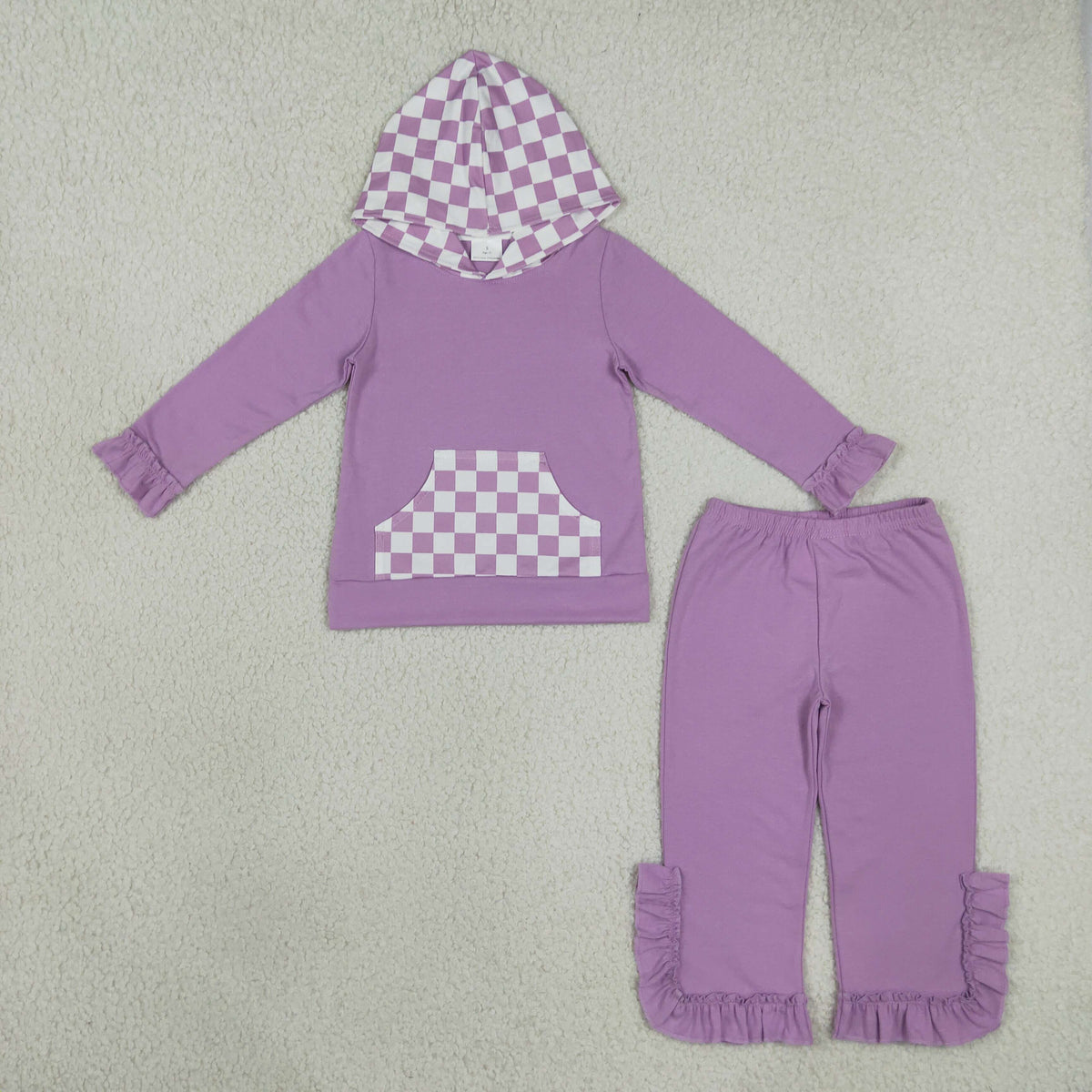 Baby Girls Kids Checked Pocket Hoodie Shirt Pants Purple Set Cotton Clothes RTS