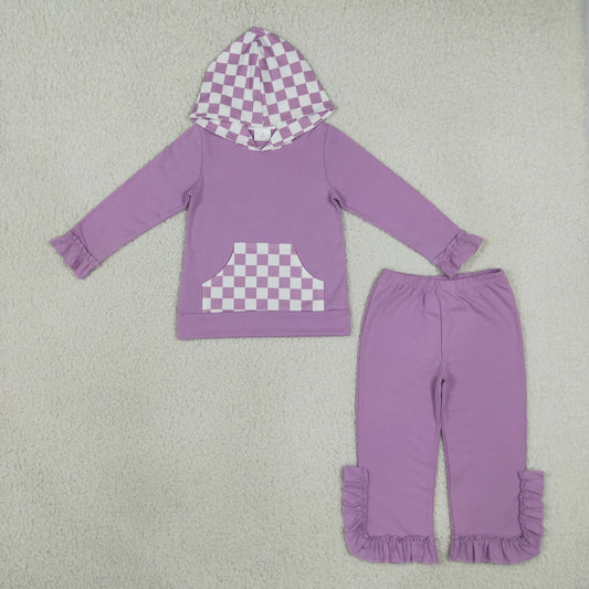 Baby Girls Kids Checked Pocket Hoodie Shirt Pants Purple Set Cotton Clothes RTS