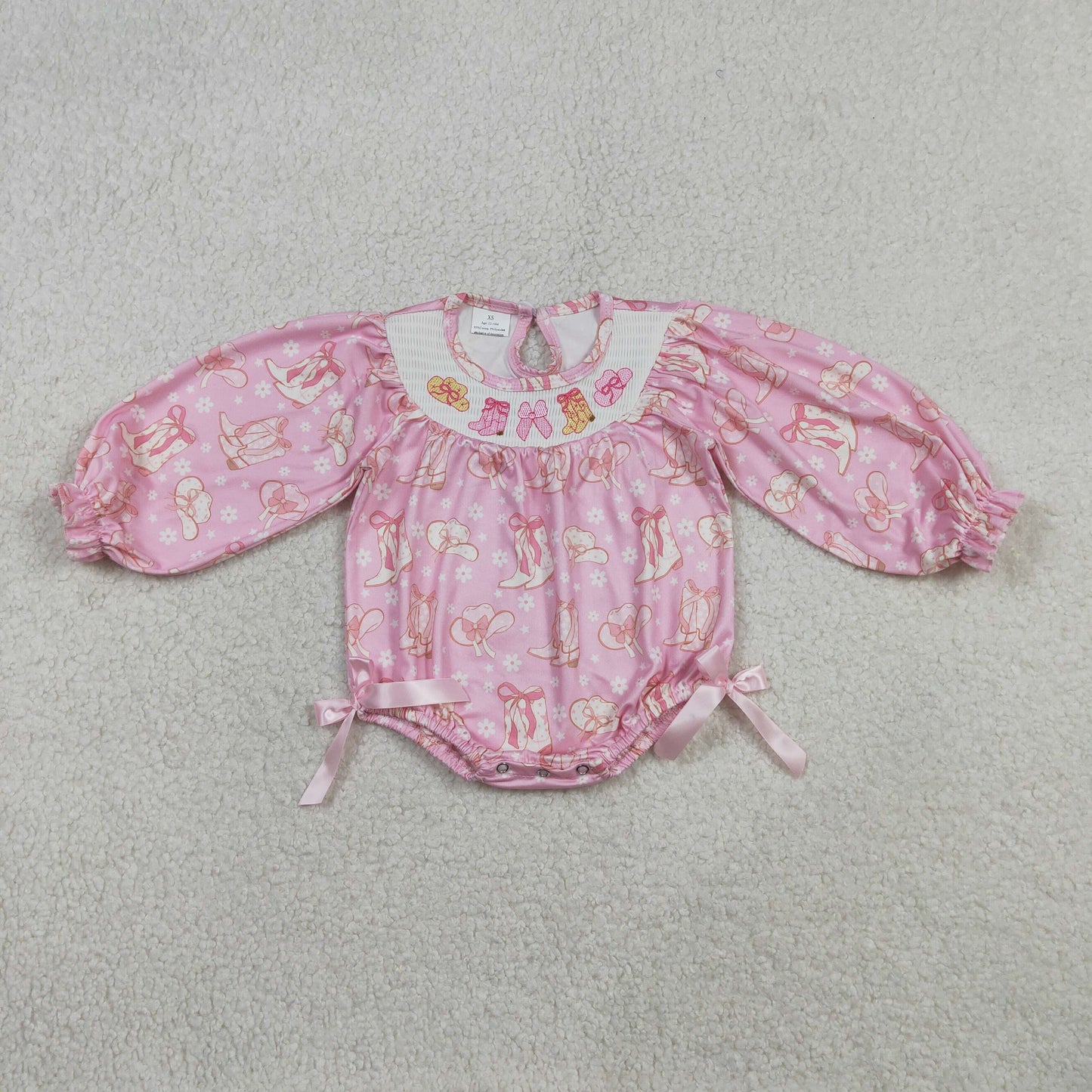 Baby Girls Long Sleeves Embroidery Smocked Boots Bows Flower Western Pink Romper RTS