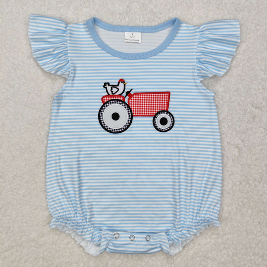 RTS Baby Girl Infant Short Sleeves Embroidery Farm Chicken Bubble Blue Romper