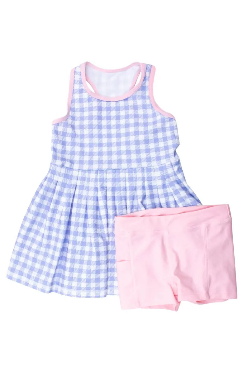 ( Moq 5 ) Preorder Baby Girl Kids Sleeveless Blue Plaid Tunic Pink Pocket Shorts Set Yoga Active Clothes