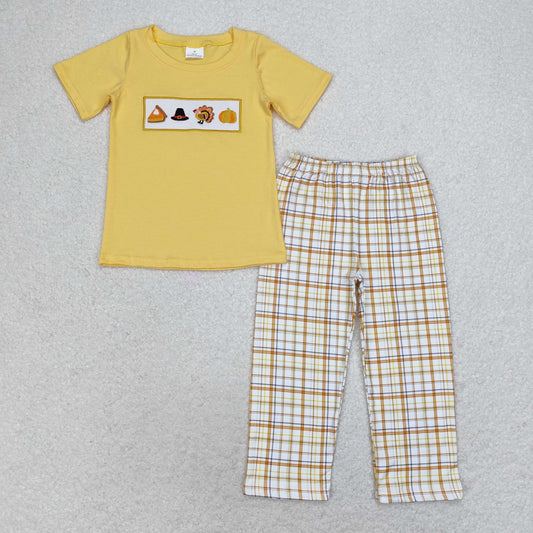 Baby Boy Thanksgiving Embroidery turkey Pumpkin Shirt Checkered Pants Set