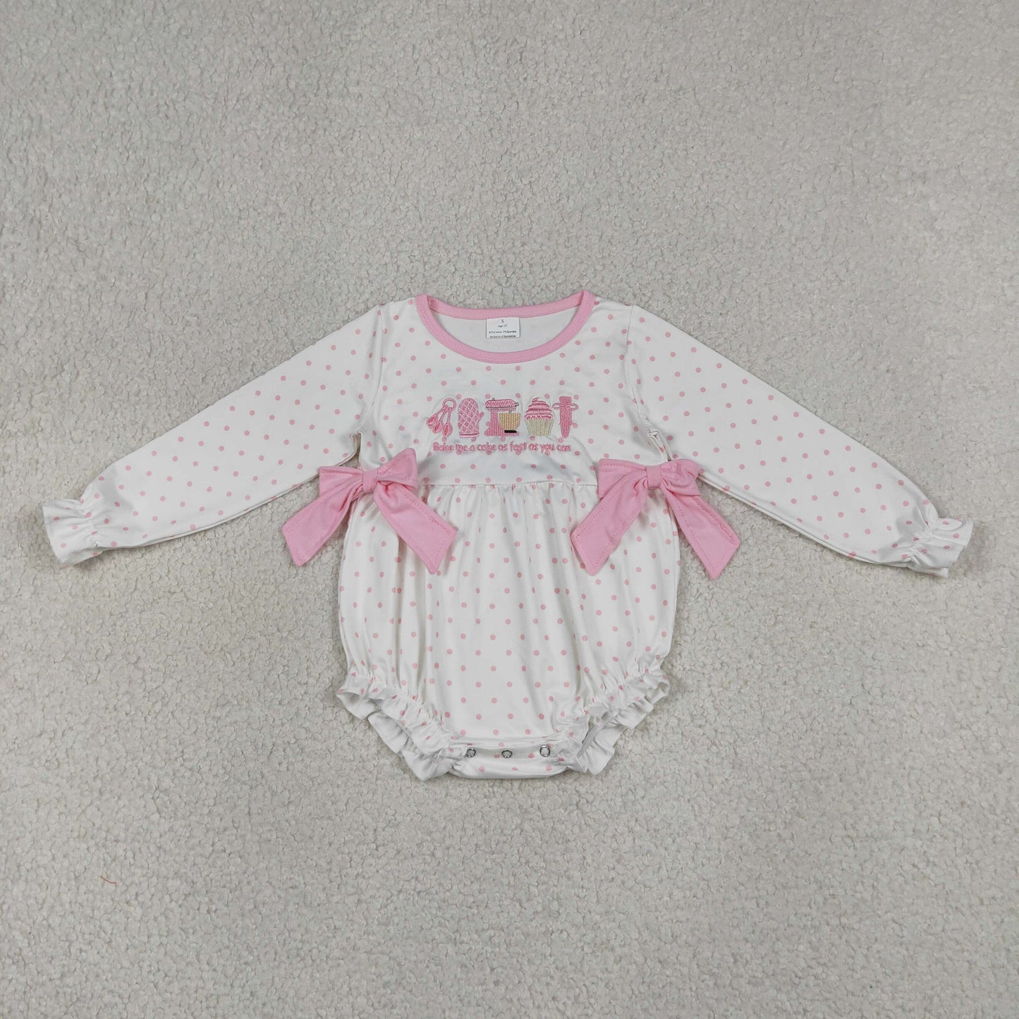 Baby Girls Infant Long Sleeves Embroidery Pink Bows Dots Bubble Romper RTS