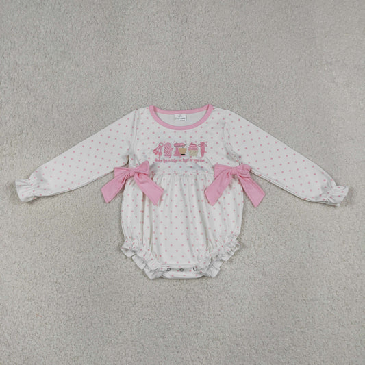 Baby Girls Infant Long Sleeves Embroidery Pink Bows Dots Bubble Romper RTS