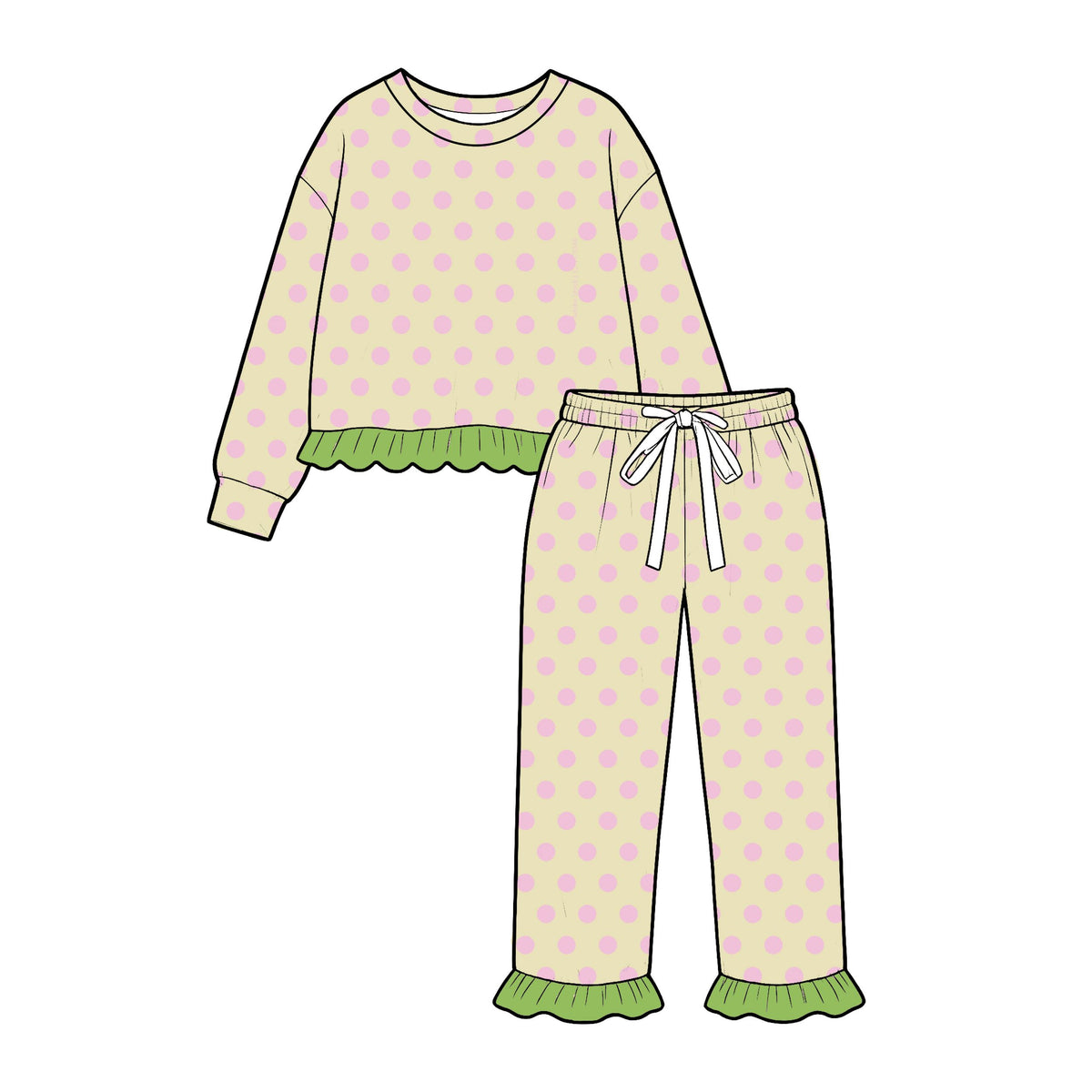 ( Moq 5 ) Preorder Baby Girls Toddler Long Sleeves Ruffle Shirt Dots Pants Set Yellow Clothes