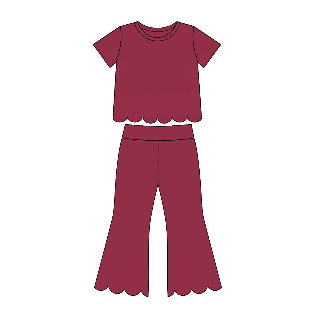 ( Moq 5 ) Preorder Baby Girls Kids Short Sleeves Dark Red Shirt Pants Scallop Set Clothes