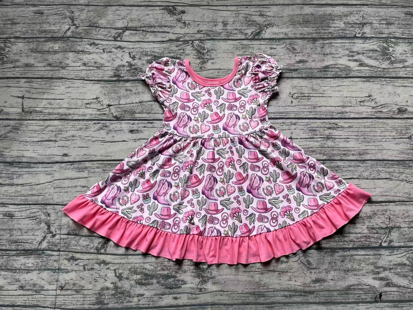 Baby Girl Short Sleeves Western Boots Cactus Hearts Flower Pink Knee Length Dress