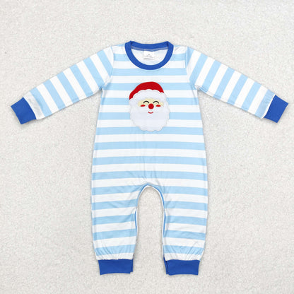 Baby Boy Long Sleeves Embroidery Christmas Blue Stripes Santa Romper