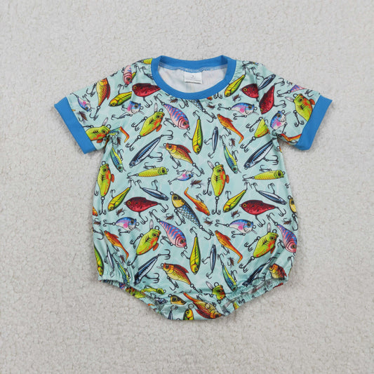 Baby Boys Kids Short Sleeves Fishing Green Bubble Romper RTS