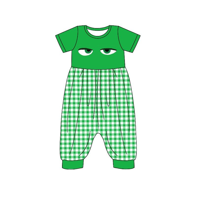 Baby Girl Short Sleeves Green Plaid Cartoon Jumpsuit