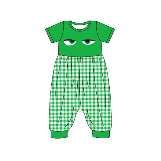 Baby Girl Short Sleeves Green Plaid Cartoon Jumpsuit