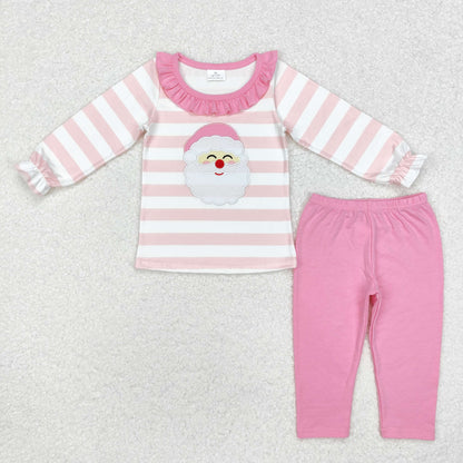 Baby Girl Long Sleeves Embroidery Christmas Pink Stripes Santa Shirt Pants Set