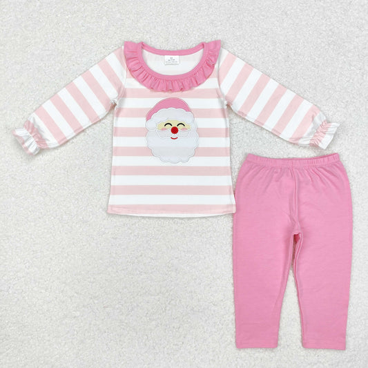 Baby Girl Long Sleeves Embroidery Christmas Pink Stripes Santa Shirt Pants Set