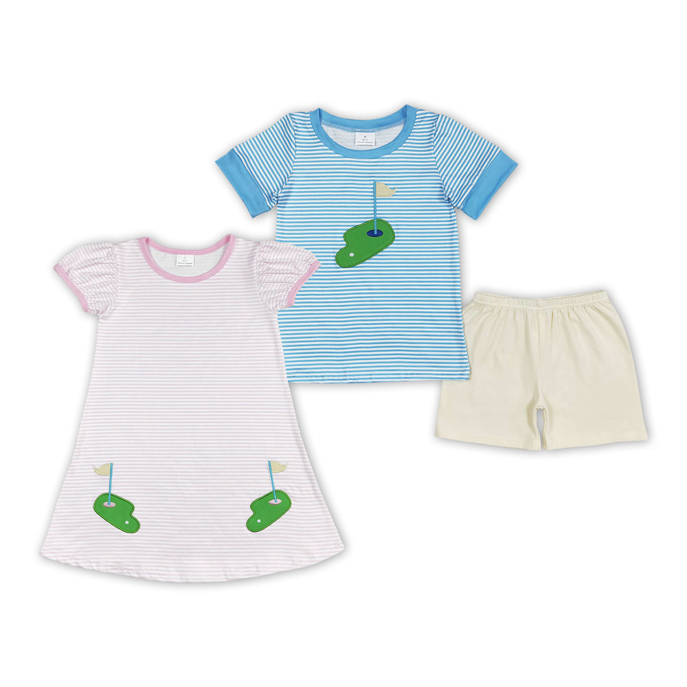 Baby Boy Girl Short Sleeves Embroidery Golf Stripes Sibling Romper Dress Set Clothes RTS