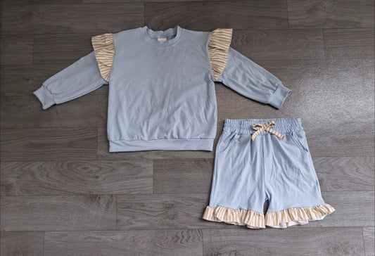 ( No moq ) Preorder Baby Girls Kids Long Sleeves Tops Pockets Shorts Cotton Set Blue Clothes