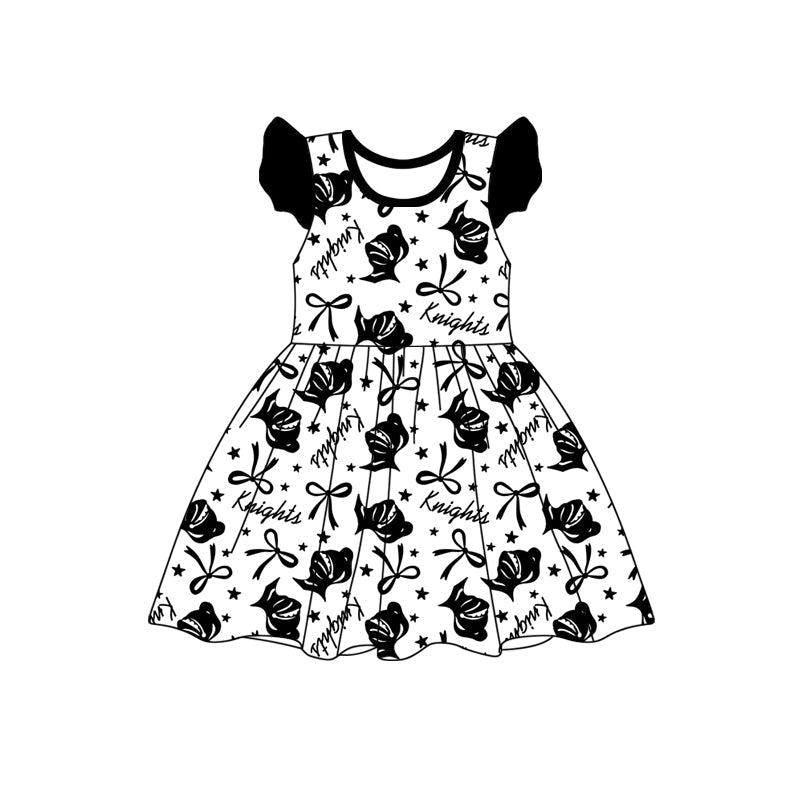 Baby Girl Short Sleeves Black Bows Team Knee Length Dress ( Moq 5 )