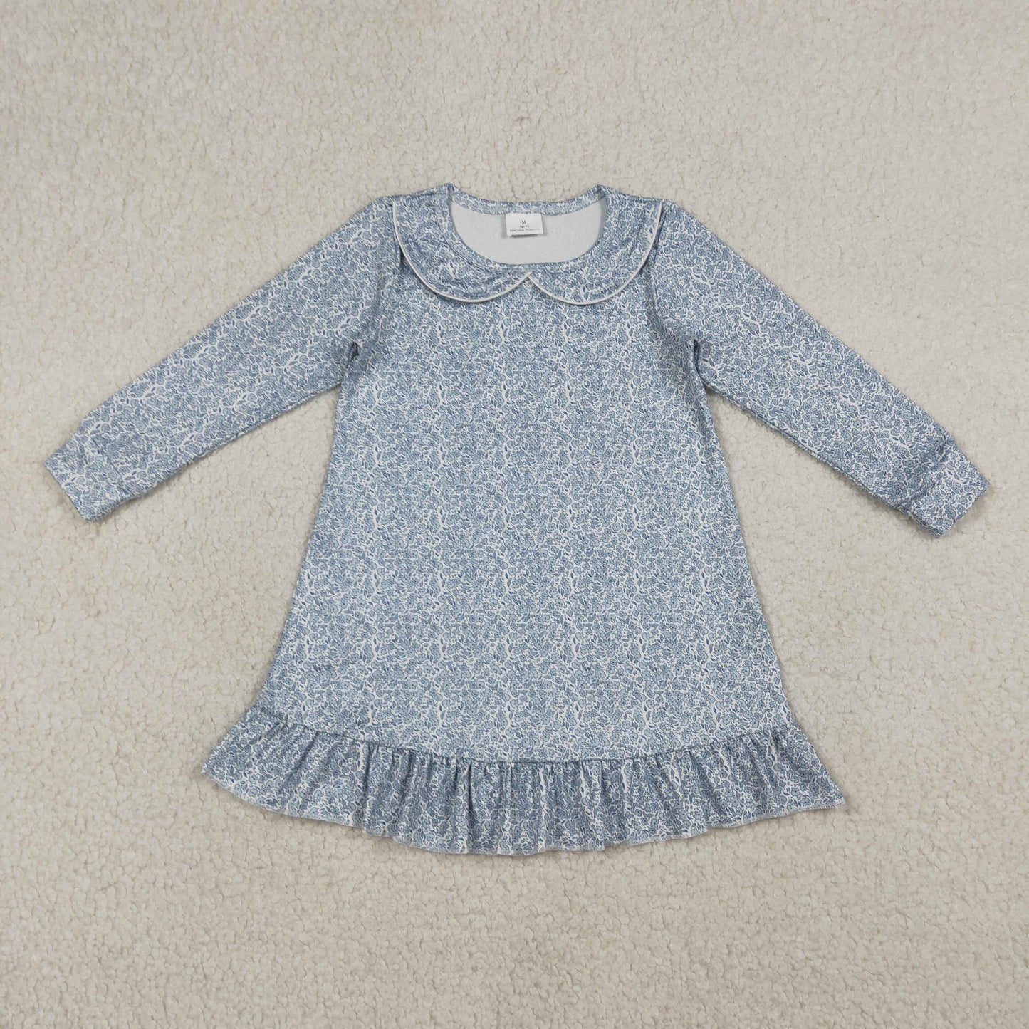 Baby Girls Toddler Long Sleeves Blue Floral Ruffle Knee Length Dress RTS