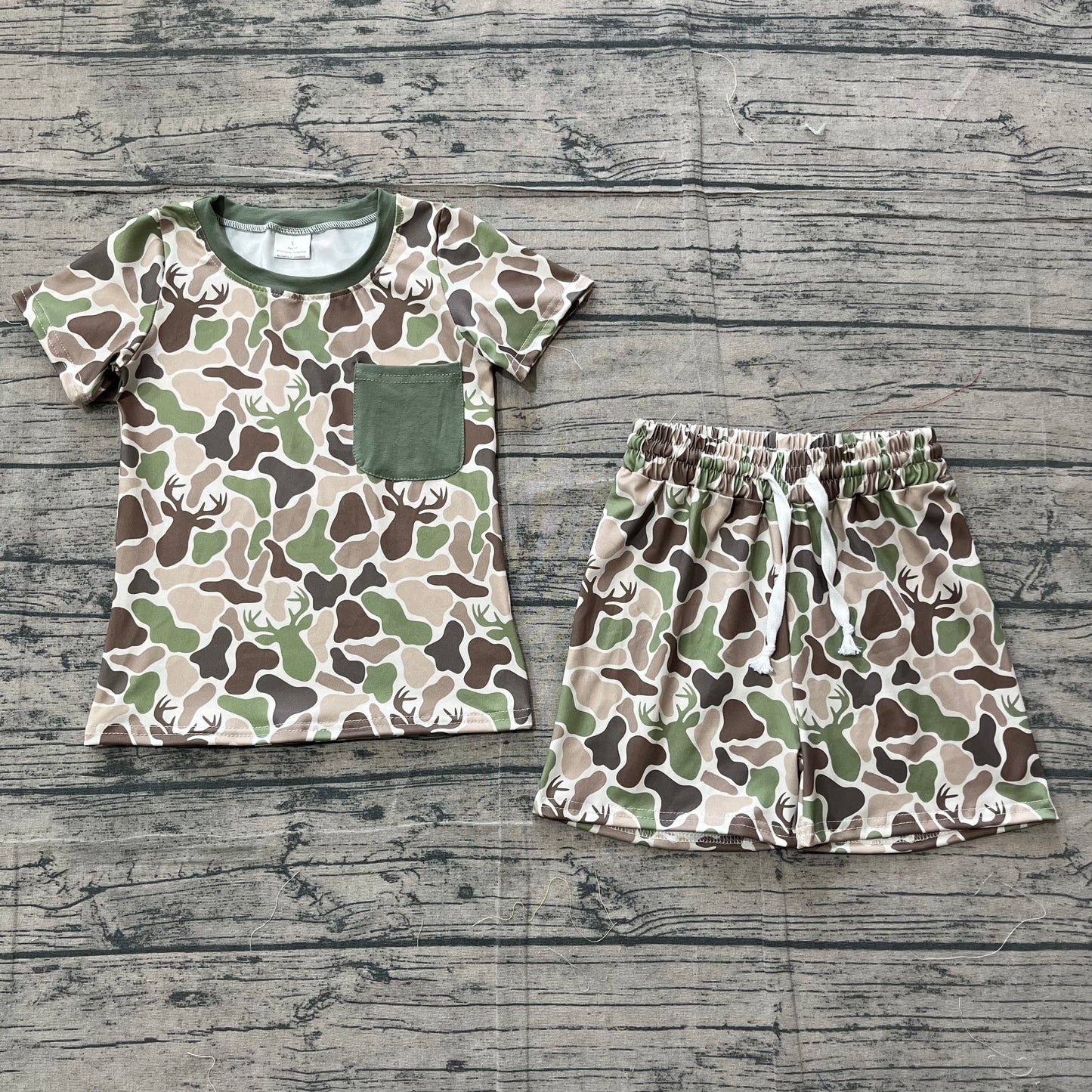 ( No moq ) Preorder Baby Boys Short Sleeves Pocket Shirt Deer Green Camo Shorts Clothes Set