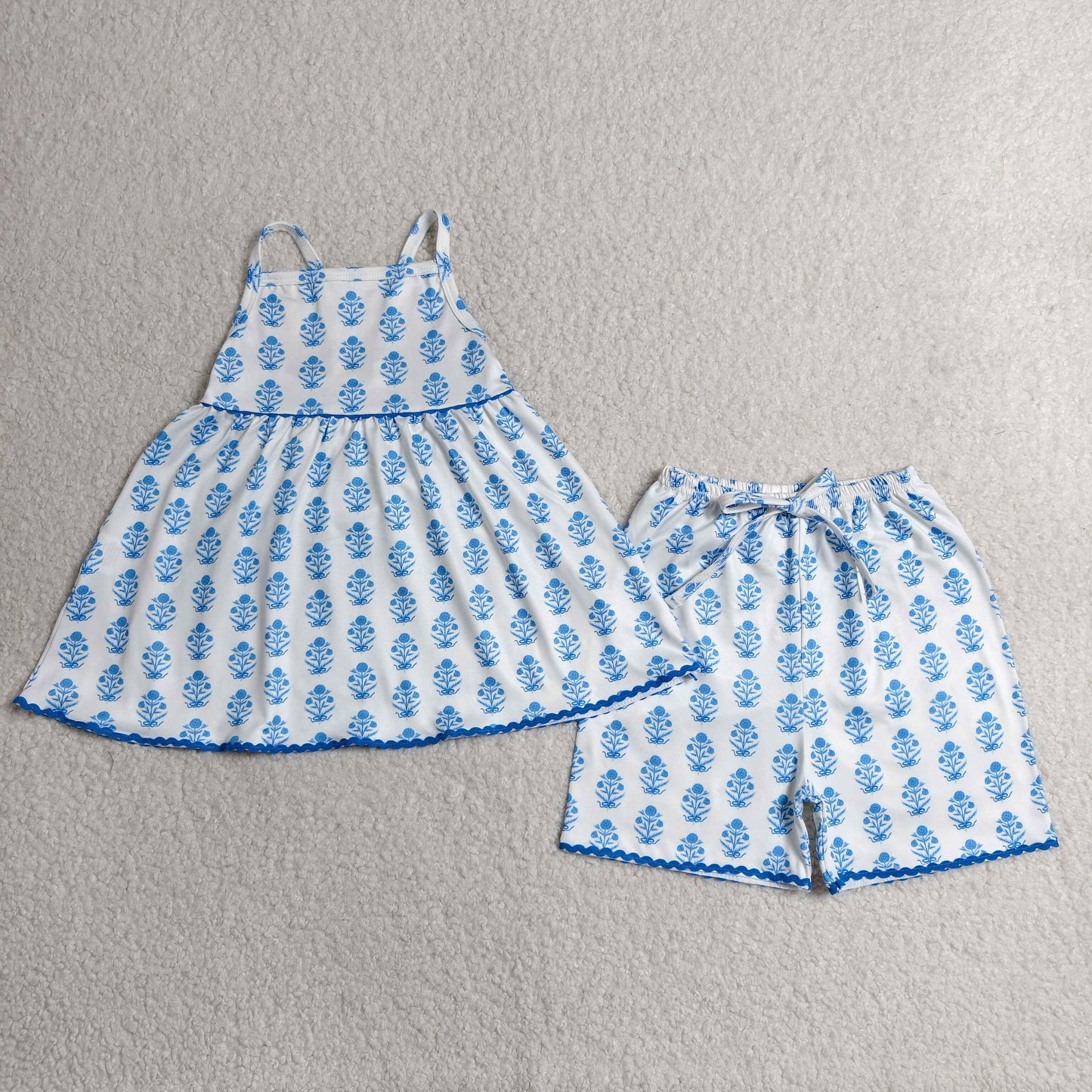 Baby Girls Kids Straps Blue Flower Tunic Shorts Summer Clothes Set RTS