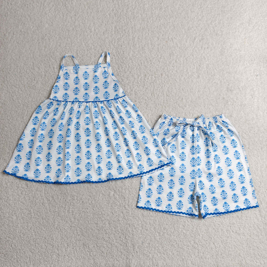 Baby Girls Kids Straps Blue Flower Tunic Shorts Summer Clothes Set RTS