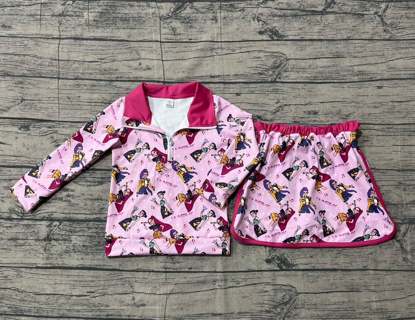Baby Girls Singer Characters Zipper Shirt Skirt Shorts Yoga Pink Clothes Set RTS